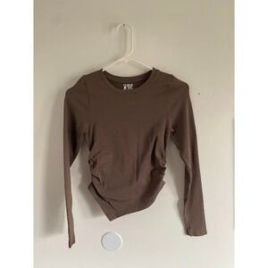 OQQ Brown Ribbed Long Sleeve Ruched Asymmetrical Hem Top‎ Small